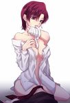  amputee bandages bare_shoulders bazett_fraga_mcremitz blush breasts earrings fate/hollow_ataraxia fate_(series) jewelry looking_at_viewer maribsr medium_breasts open_clothes open_shirt red_eyes red_hair shirt solo tears 