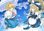  alice_margatroid apron blonde_hair blue_eyes blue_sky boots braid capelet dress hairband hand_on_hip hat kinsenka kirisame_marisa long_hair looking_at_viewer multiple_girls necktie reflection short_hair skirt sky smile touhou umbrella vest water witch_hat yellow_eyes 