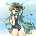  androgynous anmita_(rarutos) ass beach blush character_name green_hair headband len'en long_hair looking_at_viewer looking_back one-piece_swimsuit pointy_ears red_eyes school_swimsuit solo swimsuit taira_no_fumikado very_long_hair 