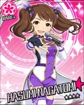  artist_request brown_eyes brown_hair card_(medium) character_name earrings fingerless_gloves flower_(symbol) gloves idol idolmaster idolmaster_cinderella_girls jewelry microphone nagatomi_hasumi official_art pink_background smile solo thighhighs twintails 