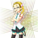  bad_id bad_pixiv_id black_skirt blonde_hair braid cosplay eyelashes futari_wa_precure futari_wa_precure_max_heart glasses green_eyes hair_ornament hair_ribbon hatsune_miku hatsune_miku_(cosplay) kino_(kino1000) kujou_hikari long_hair looking_at_viewer necktie open_mouth ponytail precure ribbon shirt side_ponytail single_braid skirt solo thighhighs thighs vocaloid 