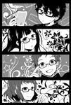  2girls bespectacled book chitanda_eru fukube_satoshi gakuran glasses greyscale hyouka ibara_mayaka long_hair monochrome multiple_boys multiple_girls oreki_houtarou school_uniform serafuku short_hair tomori_chia 