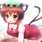  all_fours animal_ears blush bow breasts brown_eyes brown_hair cat_ears cat_tail chen dress ear_piercing fang hat highres jewelry kane-neko long_sleeves medium_breasts mob_cap multiple_tails nekomata open_mouth piercing red_dress shirt single_earring solo tail touhou 