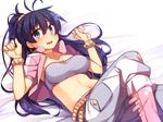  bed_sheet black_hair blue_eyes blush boots bracelet breasts costume earrings fang ganaha_hibiki hoop_earrings idolmaster idolmaster_(classic) jewelry large_breasts lens_flare long_hair lying midriff navel necklace on_back open_mouth pink_diamond_765 pink_footwear ponytail racer_(magnet) solo 