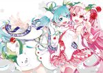  ahoge artist_name bad_id bad_pixiv_id bunny cherry detached_sleeves flower food fruit hair_flower hair_ornament hairband hatsune_miku hug long_hair multiple_girls necktie open_mouth pink_hair playback red_eyes sakura_miku skirt smile snowflakes thighhighs twintails very_long_hair vocaloid yuki_miku yukine_(vocaloid) 