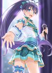  antenna_hair black_hair blue_eyes blush cowboy_shot fang from_behind ganaha_hibiki idolmaster idolmaster_(classic) long_hair looking_at_viewer looking_back microphone miri_(ago550421) open_mouth outstretched_hand plaid plaid_skirt skirt solo very_long_hair wrist_cuffs 