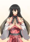  abs aura black_hair breasts closed_eyes detached_sleeves hakama hands_clasped highres japanese_clothes kongari_tokei large_breasts leotard long_hair m.u.g.e.n nontraditional_miko original own_hands_together praying red_hakama scar sendai_hakurei_no_miko simple_background solo touhou white_background wide_sleeves 