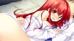  1boy 1girl akatsuki_arisa ano_harewataru_sora_yori_takaku bed blush chiri_(atlanta) game_cg highres long_hair lying nipple_slip nipples red_hair school_uniform shirt skirt 