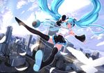  bird boots city detached_sleeves feathers floating_hair hatsune_miku headset long_hair nanahime necktie skirt sky smile solo thigh_boots thighhighs twintails very_long_hair vocaloid 