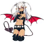  boots buckle dark_skin demon_girl demon_tail detached_collar elbow_gloves eyelashes gloves hair_ornament half_updo heart heart_tail kneeling long_hair looking_to_the_side midriff navel original red_eyes short_shorts shorts simple_background skull_hair_ornament solo sweatdrop tail thigh_boots thigh_gap thighhighs twintails wavy_mouth white_background white_hair wings yukichi_(ohuton_zzz) 