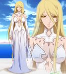  1girl blonde_hair breasts cleavage cloud clouds dress highres large_breasts long_hair looking_at_viewer mountain nolia ocean orange_eyes serious sky smile solo standing starsha uchuu_senkan_yamato uchuu_senkan_yamato_2199 water 