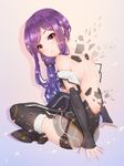  :3 bare_back bare_shoulders black_legwear blush closed_mouth detached_sleeves fangxiang_cuoluan full_body highres indian_style long_hair looking_at_viewer mecha_musume original purple_eyes purple_hair sitting solo thighhighs 
