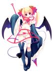  1girl asymmetrical_legwear blonde_hair bra demon_girl demon_tail demon_wings detached_sleeves flat_chest heart horns original panties pink_eyes polearm shima_chiyo skirt spear tail underwear wide_sleeves wings 