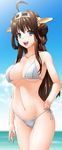  :d ahoge bikini blue_eyes breasts brown_hair byeontae_jagga cleavage hand_on_hip highres kantai_collection kongou_(kantai_collection) large_breasts long_hair md5_mismatch navel open_mouth side-tie_bikini smile solo strap_gap swimsuit 