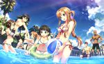  4girls :d :o ^_^ agil asuna_(sao) bald ball bandana bare_shoulders beachball bikini black_eyes black_hair blush braid breasts brown_eyes brown_hair cleavage closed_eyes dark_skin day facial_hair frilled_bikini frills goatee green_eyes hair_ornament hairclip highres innertube kirigaya_suguha kirito klein large_breasts lisbeth long_hair male_swimwear midriff multiple_boys multiple_girls navel open_mouth pool red_eyes short_hair shorts side-tie_bikini silica single_braid sitting smile standing striped striped_bikini striped_swimsuit swim_trunks swimsuit swimwear sword_art_online tears twintails wading wet wrist_grab yuuki_tatsuya 