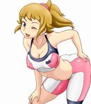  ;d bent_over bike_shorts blue_eyes breasts brown_hair cleavage covered_nipples gundam gundam_build_fighters gundam_build_fighters_try hoshino_fumina medium_breasts midriff navel one_eye_closed open_mouth smile solo sports_bra tof 
