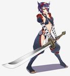  animal_ears bad_id bad_pixiv_id breasts eyepatch fishnets grin kantai_collection looking_at_viewer medium_breasts monster_hunter nargacuga_(armor) navel oniku_(oishii_oniku) purple_hair sharp_teeth short_hair smile solo standing sword teeth tenryuu_(kantai_collection) weapon yellow_eyes 