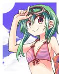  bikini_top claire_(sennen_sensou_aigis) flat_chest goggles green_hair hikawa_shou sennen_sensou_aigis smile striped_bikini_top 