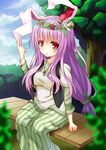  alternate_costume alternate_hairstyle animal_ears blush breasts bunny_ears flower head_wreath highres jewelry ken123456 large_breasts lavender_hair long_hair looking_at_viewer low-tied_long_hair nature necklace open_mouth red_eyes reisen_udongein_inaba sitting solo touhou tree very_long_hair 
