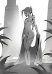  1girl bangs elf eyes_closed fringe full_body_tattoo greyscale hair_ornament hair_stick highres jewelry long_hair monochrome nipples nose nude original pendant pointy_ears pubic_hair robe small_breasts solo standing tattoo tribal_tattoo typo_(requiemdusk) uncensored undressing wading water 