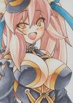  blush breasts cleavage fang fate/extra fate_(series) frills hat large_breasts marker_(medium) millipen_(medium) open_mouth pink_hair simple_background slit_pupils solo tamamo_(fate)_(all) tamamo_no_mae_(fate) traditional_media uneven_eyes upper_body white_background yellow_eyes yutakasan-love 