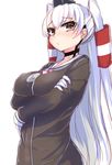  amatsukaze_(kantai_collection) blush breast_hold breasts brown_dress brown_eyes crossed_arms dress hair_tubes hairband kantai_collection large_breasts long_hair looking_at_viewer silver_hair solo tenken_(gotannda) two_side_up upper_body very_long_hair 