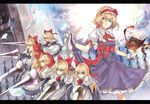  alice_margatroid apron blonde_hair blue_dress blue_eyes book bow capelet dress eisuto flying_paper grimoire grimoire_of_alice hair_bow hairband lance letterboxed lolita_hairband paper polearm puffy_short_sleeves puffy_sleeves sash shanghai_doll short_sleeves touhou waist_apron weapon 