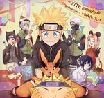  1girl 5boys birthday boring_(brtgm) cake food haruno_sakura hatake_kakashi highres kurama_(naruto) multiple_boys naruto naruto_shippuuden sai uchiha_sasuke uzumaki_naruto yamato_(naruto) 