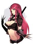  belt between_fingers breasts bustier cleavage cowboy_shot dual_wielding fingerless_gloves gloves green_eyes highres holding katarina_du_couteau kumiko_shiba kunai large_breasts league_of_legends long_hair midriff navel red_hair scar scar_across_eye solo vambraces weapon 