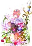  atelier_(series) atelier_rorona blue_eyes breasts brown_skirt capelet cleavage dia_(saotoko) flask flower hat highres jewelry medium_breasts necklace pink_hair rororina_fryxell short_hair skirt smile solo staff 