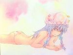  :3 breast_press breasts crescent crescent_hair_ornament eyelashes hair_ornament hair_ribbon hat highres long_hair looking_at_viewer lying medium_breasts mob_cap on_stomach panties patchouli_knowledge pink_background pink_panties purple_eyes purple_hair ribbon solo topless touhou traditional_media tress_ribbon underwear underwear_only watercolor_(medium) yuyu_(00365676) 