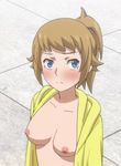  1girl areolae blonde_hair blush breasts edited gundam gundam_build_fighters gundam_build_fighters_try hoshino_fumina jacket nipples nude_filter nude_jacket open_clothes open_jacket photoshop ponytail 