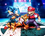  blood boxing_ring broken_teeth bubsy bubsy_(character) commentary crossover deviantart_sample facial_hair genzoman gloves hat image_sample injury mario mario_(series) mascot multiple_boys multiple_crossover mustache overalls punching shirt shirt_grab shoes signature sleeve_rolled_up sneakers sonic sonic_the_hedgehog super_mario_bros. super_smash_bros. t-shirt white_gloves 