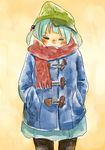  alternate_costume black_legwear blue_hair blue_skirt blush blush_stickers buttons closed_eyes hair_bobbles hair_ornament hands_in_pockets hat kawashiro_nitori nekojin nose_blush pantyhose red_scarf scarf scarf_over_mouth skirt solo touhou traditional_media twintails 
