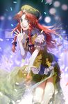 bad_id bad_pixiv_id blue_eyes braid hat heart highres hong_meiling long_hair open_mouth puffy_short_sleeves puffy_sleeves red_hair shirt short_sleeves side_slit skirt skirt_set smile solo star tang_elen touhou twin_braids very_long_hair vest 
