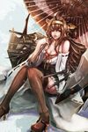  ahoge breasts cleavage kantai_collection kongou_(kantai_collection) long_hair mast medium_breasts minamino_(aabb111222) nontraditional_miko sitting skirt solo umbrella 