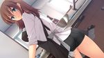  apron blush bow breasts brown_hair denim denim_shorts dutch_angle game_cg green_eyes hatsukoi_1/1 kitchen koizumi_amane large_breasts long_hair looking_at_viewer shorts solo striped striped_bow tokizaki_maya 