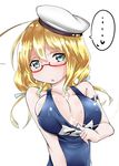  beret blonde_hair blue_eyes blush breasts cum cum_on_body cum_on_breasts cum_on_upper_body glasses hair_ribbon hat i-8_(kantai_collection) kantai_collection large_breasts long_hair looking_at_viewer one-piece_swimsuit open_mouth red-framed_eyewear ribbon school_swimsuit serakoutarou solo swimsuit swimsuit_tug upper_body 