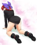 all_fours black_shirt boots bottomless bow covered_mouth from_behind glaring hair_bow highres kihou_kanshouzai long_sleeves looking_at_viewer looking_back no_pants red_eyes red_hair sekibanki shadow shirt shoe_soles short_hair solo touhou 