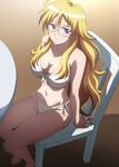  artist_request ben-tou bikini bikini_bottom bikini_top blonde_hair blue_eyes blush breasts cleavage eyelashes glasses highres large_breasts long_hair navel non-web_source screencap shaga_ayame sitting solo swimsuit very_long_hair 