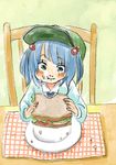  black_ribbon blue_eyes blue_hair blush blush_stickers bread chair cheese eating food food_on_face hair_bobbles hair_ornament hat kawashiro_nitori lettuce long_sleeves nekojin plate ribbon sandwich shirt short_hair sitting sliced solo table tomato touhou traditional_media two_side_up upper_body 