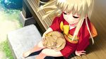  animal animal_on_lap bangs bare_legs barefoot blonde_hair blunt_bangs child dog from_above game_cg half-closed_eyes iyo_(nanairo_reincarnation) japanese_clothes kimono long_hair nanairo_reincarnation obi official_art perspective purple_eyes sash short_kimono sitting sliding_doors smile solo sumeragi_kohaku veranda wallpaper 