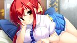  1girl akatsuki_arisa ano_harewataru_sora_yori_takaku bed blush chiri_(atlanta) game_cg highres indoors lying ponytail red_hair ribbon school_uniform skirt solo 