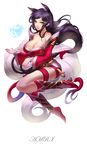  ahri animal_ears bangle bare_shoulders black_hair boots bracelet breasts character_name citemer cleavage fingernails fox_ears full_body highres huge_breasts jewelry league_of_legends lips long_hair long_legs low-tied_long_hair low_neckline nail_polish parted_lips solo tail very_long_hair white_background yellow_eyes 