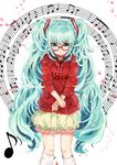  absurdres aqua_eyes aqua_hair beamed_eighth_notes bespectacled casual eighth_note glasses hatsune_miku headphones highres hood hoodie kuromitsu_maria long_hair musical_note petals quarter_note solo staff_(music) twintails very_long_hair vocaloid 