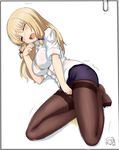  absurdres blonde_hair blush bow breasts cleavage closed_eyes feet hair_bow highres hu_sea jinsei kujou_fumi large_breasts legs long_hair lying mole on_side open_mouth pantyhose paperclip pee peeing photo_(object) signature trembling 