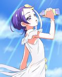  armpits blush bottle cloud day dokidoki!_precure dress duplicate earrings eyelashes flower hair_flower hair_ornament haruyama_kazunori jewelry kenzaki_makoto light_rays looking_at_viewer non-web_source precure purple_eyes purple_hair short_hair sky solo sunbeam sunlight white_dress 