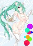  absurdres bad_id bad_pixiv_id breasts cosplay felicia felicia_(cosplay) green_hair green_heart highres ill large_breasts long_hair neptune_(series) one_eye_closed solo vampire_(game) very_long_hair 