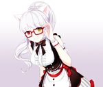  animal_ears big_breasts bow breasts cat_ears corset cuffs detached_cuffs glasses heterochromia large_breasts maid maid_headdress maid_uniform ponytail red_eyes skirt smile white_hair wrist_cuffs yellow_eyes 