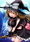  alternate_costume bag black_gloves blonde_hair blush breasts broom broom_riding crescent crescent_earrings earrings fingerless_gloves gloves handbag hat highres jewelry kirisame_marisa large_breasts long_hair looking_at_viewer midriff open_mouth pyz_(cath_x_tech) smile solo touhou witch_hat yellow_eyes 